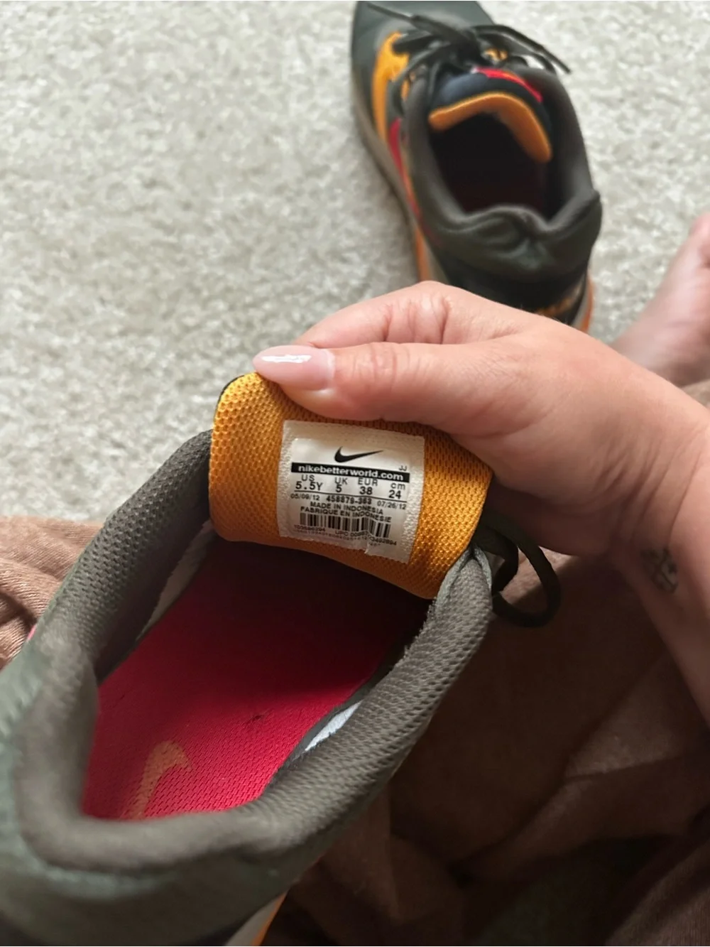 Nike Kids Sneakers in Olive Green with Orange and Pink Accents